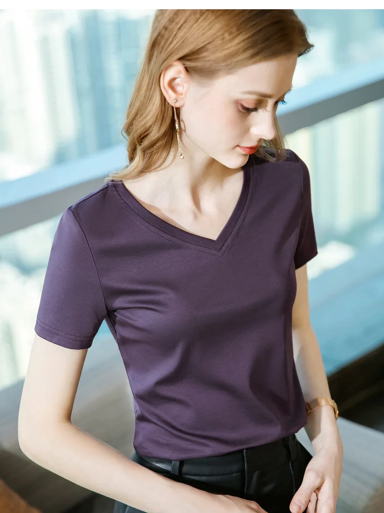 Ice Sensitive Silk Cotton V-neck Short Sleeved T-shirt for Women's Solid Round Neck Basic Commuting Elastic Oversized Top