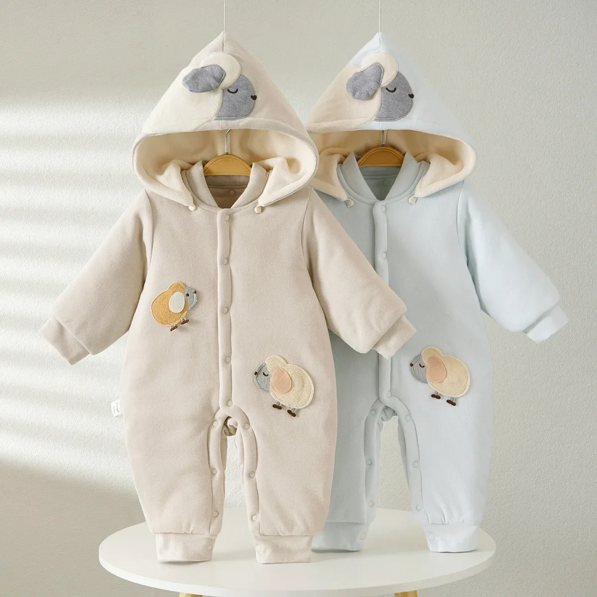 Thick Cotton Romper Suit for Baby Boys Winter Warm Woolen Lined Hooded 3-12 Months Old Newborn Clothes Footed Crawling Suit