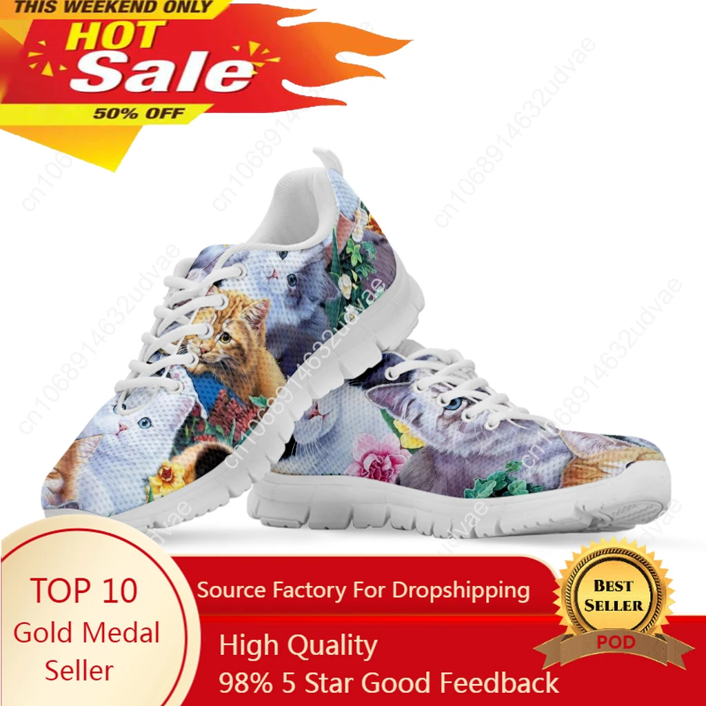 Women's Cat Print Shoes Cartoon Cat Comfortable Breathable Fashion Sneakers Gift For Cat Lovers White Casual Shoes