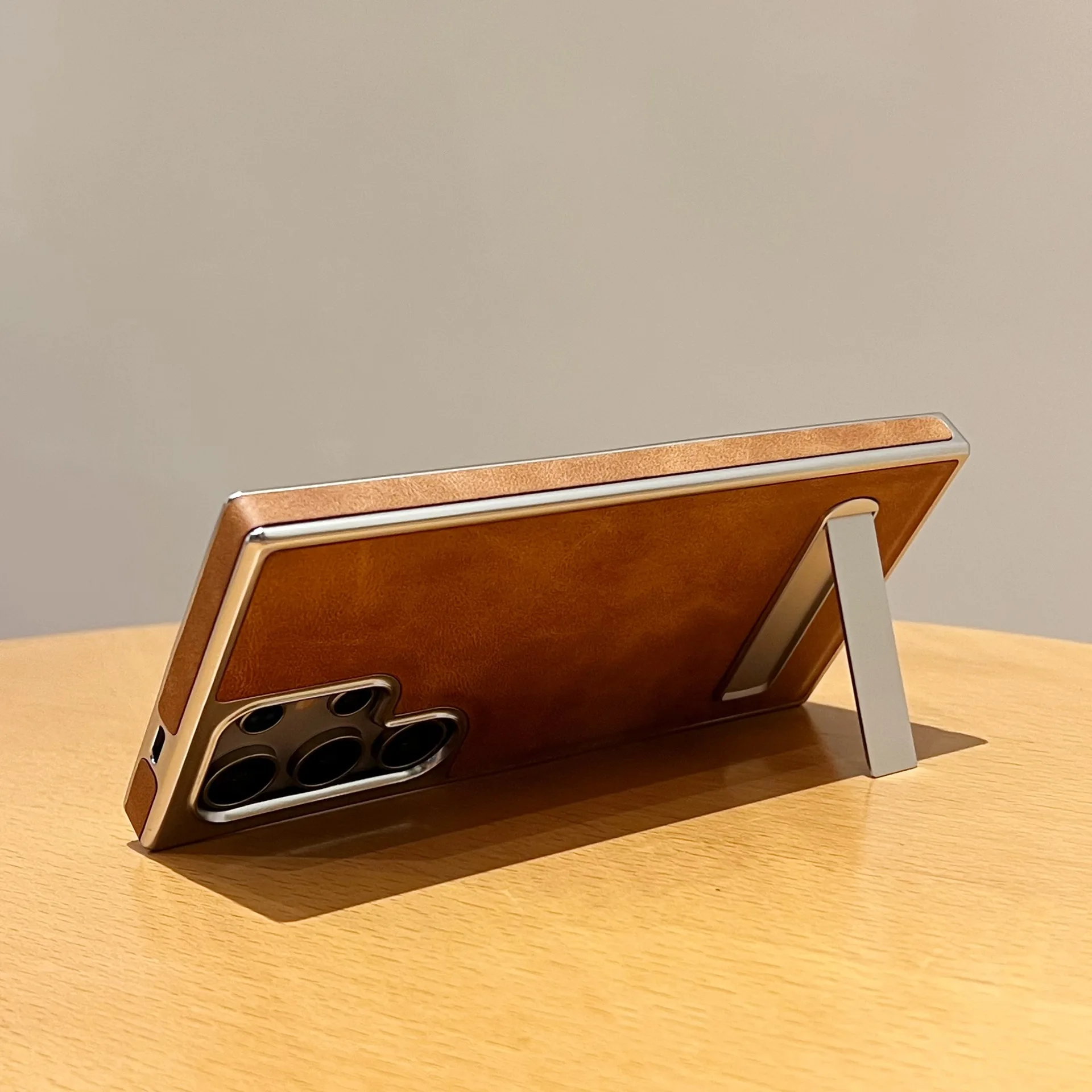 Luxury Leather Electroplating Kickstand Case for Samsung Galaxy S24 Ultra S23 FE S22, Hard Protection Cover, Hidden Stand Conque