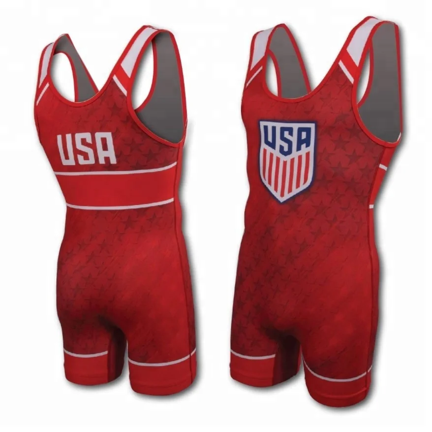 USA Red  Wrestling Singlets Tummy Control Wear GYM Sleeveless Triathlon PowerLifting Clothing Swimming Running Skinsuit