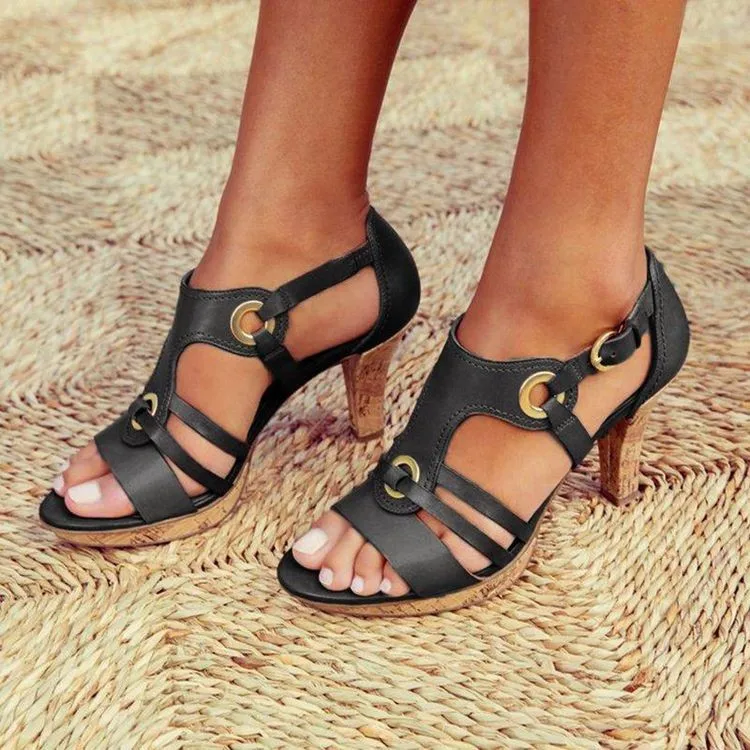 Sandals GOLDFLY 2022 Summer New Round Toe Hollow-out Word Buckled Chunky Heel Retro Roman High Heels Shoes Women's Shoes Size 43