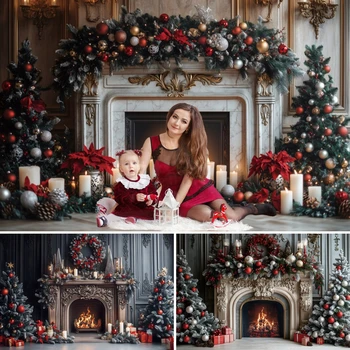 Christmas Indoor Luxury Fireplace Backdrops Xmas Tree Candles  Family Portrait Festival Decorations Backdrop Photo Studio Prop