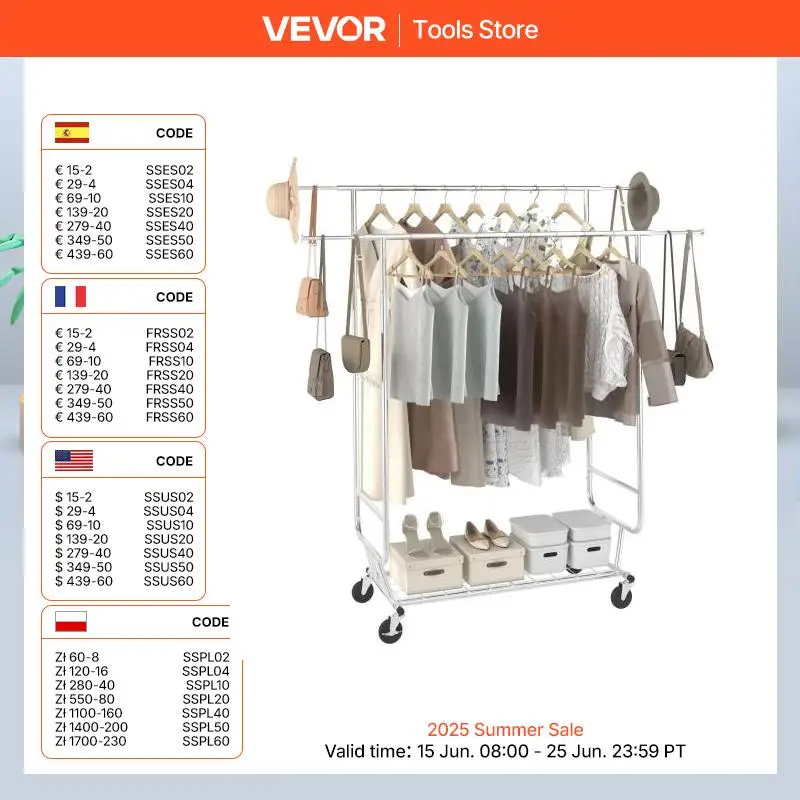 VEVOR Clothing Garment Rack Heavy Duty Clothes Rack Adjustable Length Clothes w/ Bottom Shelf & Wheels for Laundry Room clothes drying rack
