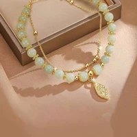 Chinese Style Green Jade Bracelet For Women Exquisite Gold Color Leaves Wrist Strap Bangle Double Chain Bracelet Girls Gifts 3