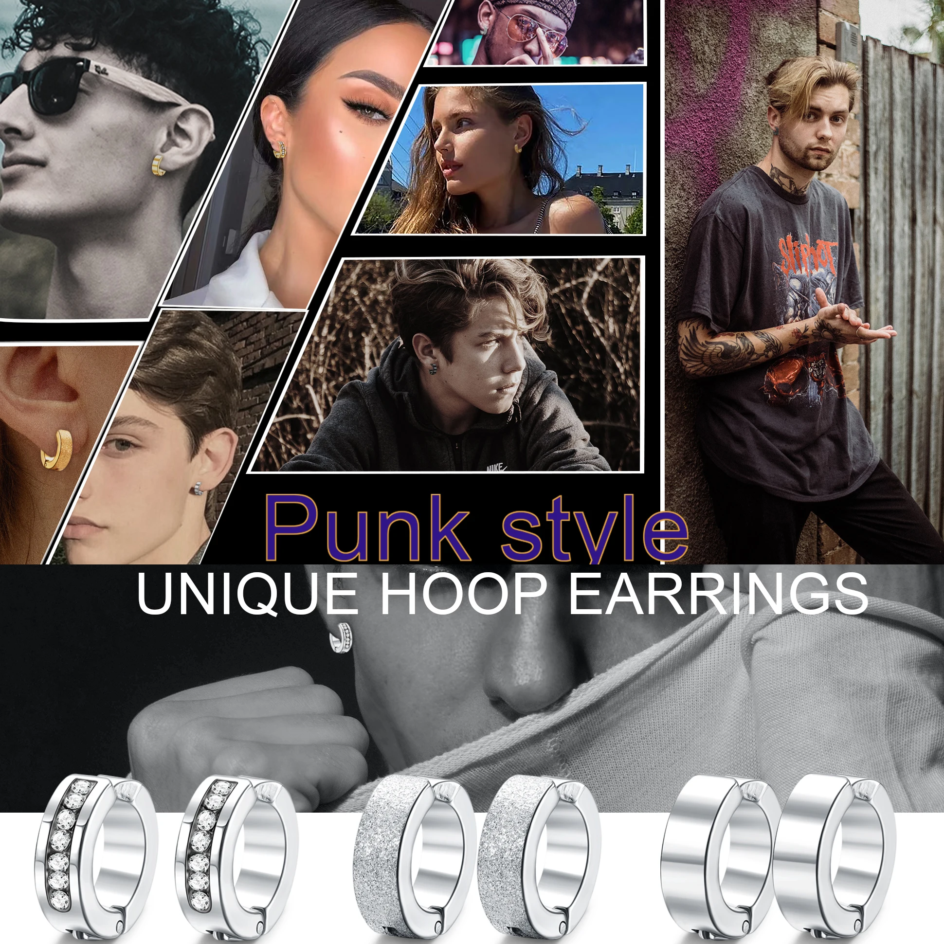 1 Pair/9 Pairs Non-Piercing Earrings Stainless Steel Clip On Hoop Earrings For Men Women Paved CZ Ear Clip Earrings Set 2