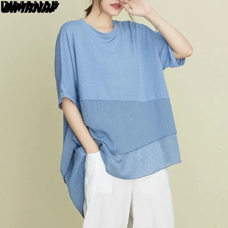 

DIMANAF Plus Size Women Blouses T-Shirt Chiffon Asymmetrical Hems O-Neck Oversize Loose Short Sleeve Lady Tops Tees 2024