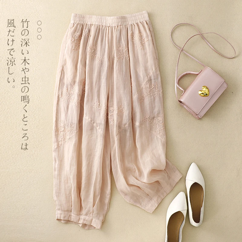 

Женские хлопковые брюки с вышивкой, универсальные повседневные свободные шаровары до щиколотки с поясом на резинке, модель V757 на лето, 2023