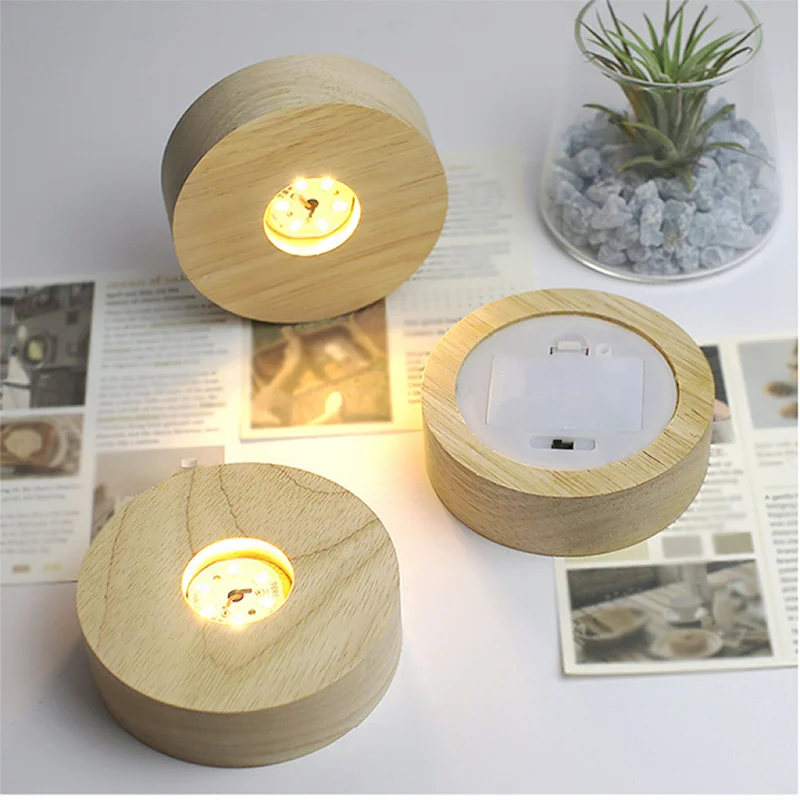 10cm 원형 나무 Led 램프 홀더 AAA 배터리 작동 3D 테이블 밤 램프 기본 디스플레이 스탠드 크리스탈 수지 아트 장식품