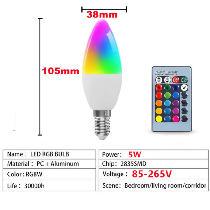E14 3W RGB LED Smart Light Bulbs, E12 E14 Battery Operated Light Bulb E14  LED Candle Multicolored Lamp Bulb Remote Control Kit for Corridors Toilets