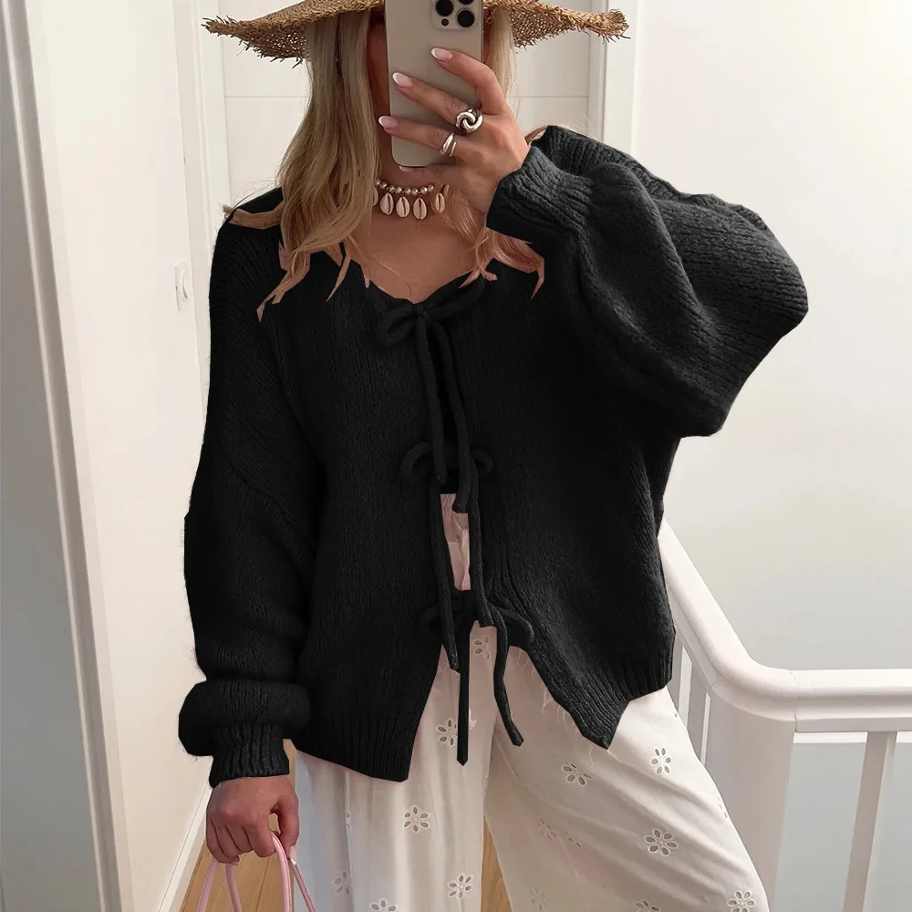 2025 Autumn Women Lace up Cardigans Sweater Fashion Loose O-neck Long Sleeve Open Stitch Sweater Coat Female Knitting Jacket