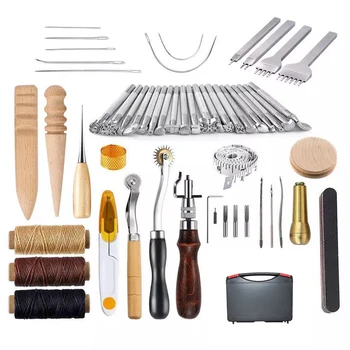 New 59PCS Leather Craft Tool Kit Leather Hand Sewing Repair Kit Stitching Punch Carving Work Groover Set DIY Tool Set for Sewing