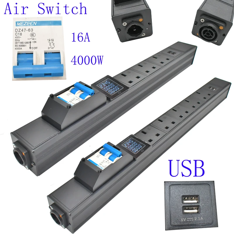 UK socket 20A Air Switch Digital display ammeter PDU Power strip Schuko ...