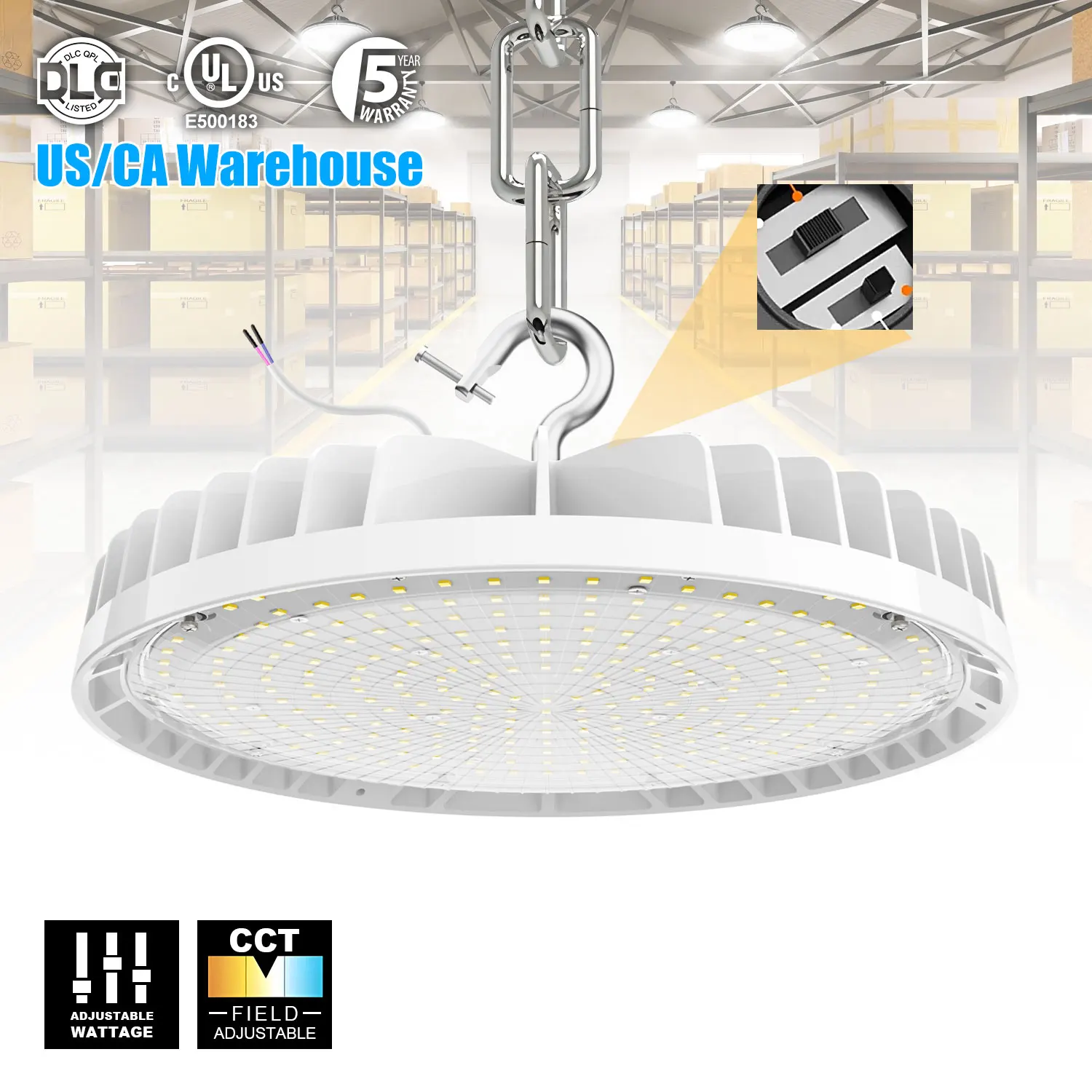 Delivery from USA High Lumens Die-casting Aluminum Motion Sensor Wattage Adjustable LED UFO High Bay 150W 200W 300W 400W