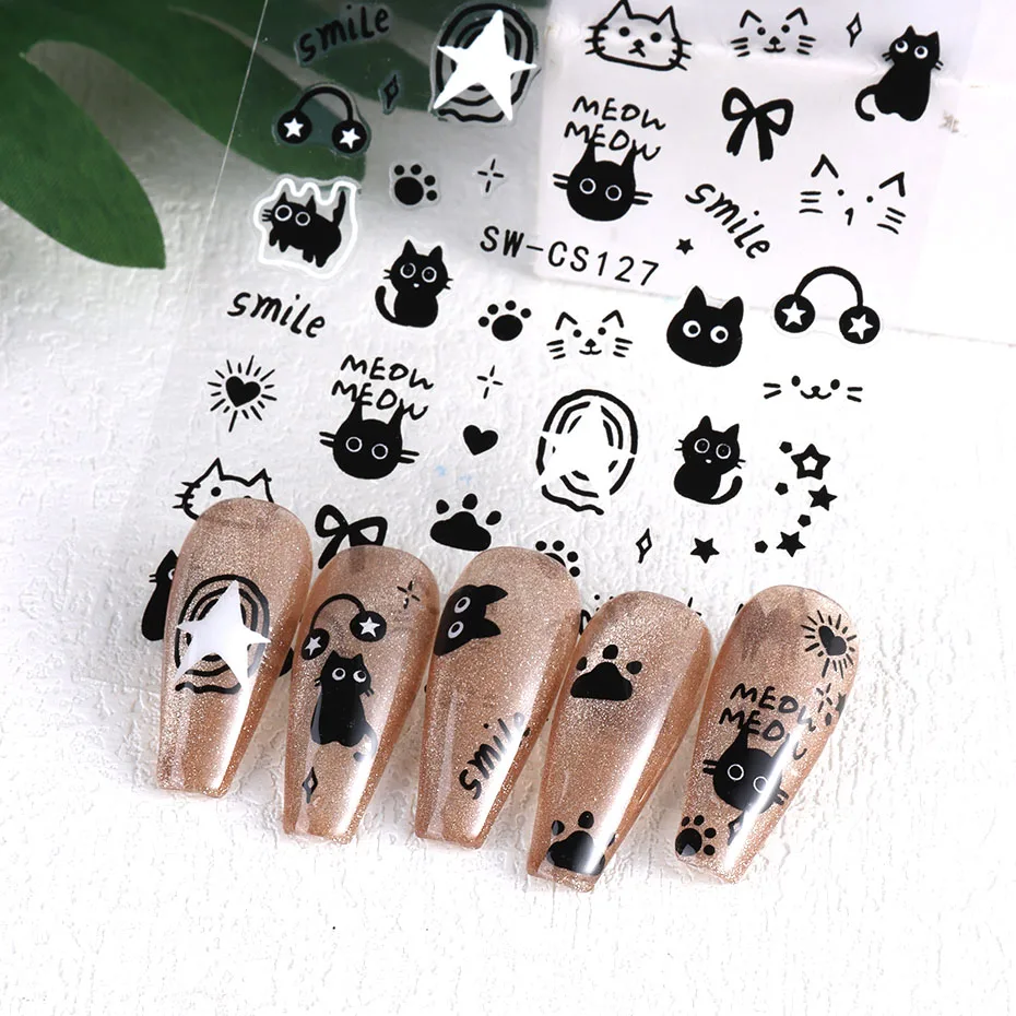 2pcs Cartoon Black White Cat Y2K Nail Stickers 3D Bow Stars Letters Sliders Nail Art Decoration Decals DIY Manicure Accesories