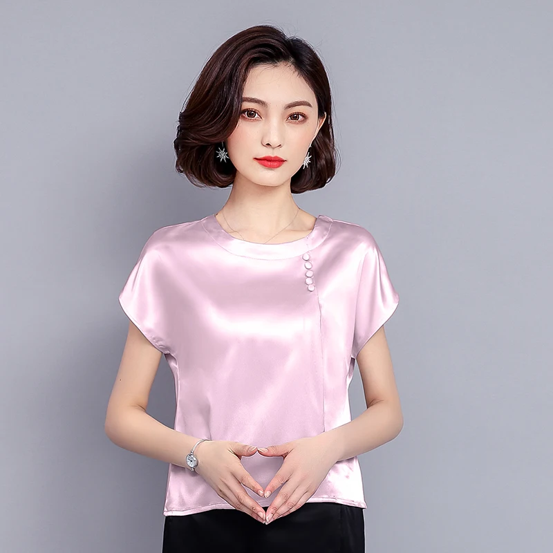 Silk Shirts And Blouses For Women Fashion 2023 Summer Short Sleeve Button Solid O-Neck Basic Top Female Clothing