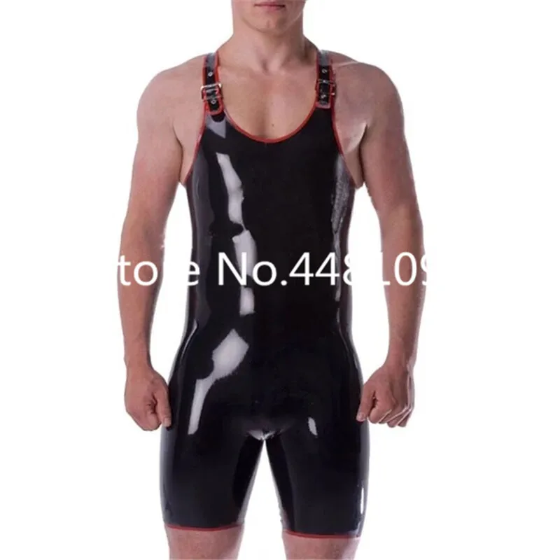 

Males Black Latex Swimuits with Red Trim for Man Rubber Leotard Costumes with Custom Made