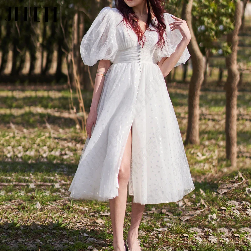 

JEHETH Heart Prints Tulle Prom Dress Women V-Neck Puff Sleeves Evening Gown Illusion Backless Vestido De Festa Button Tea-Length