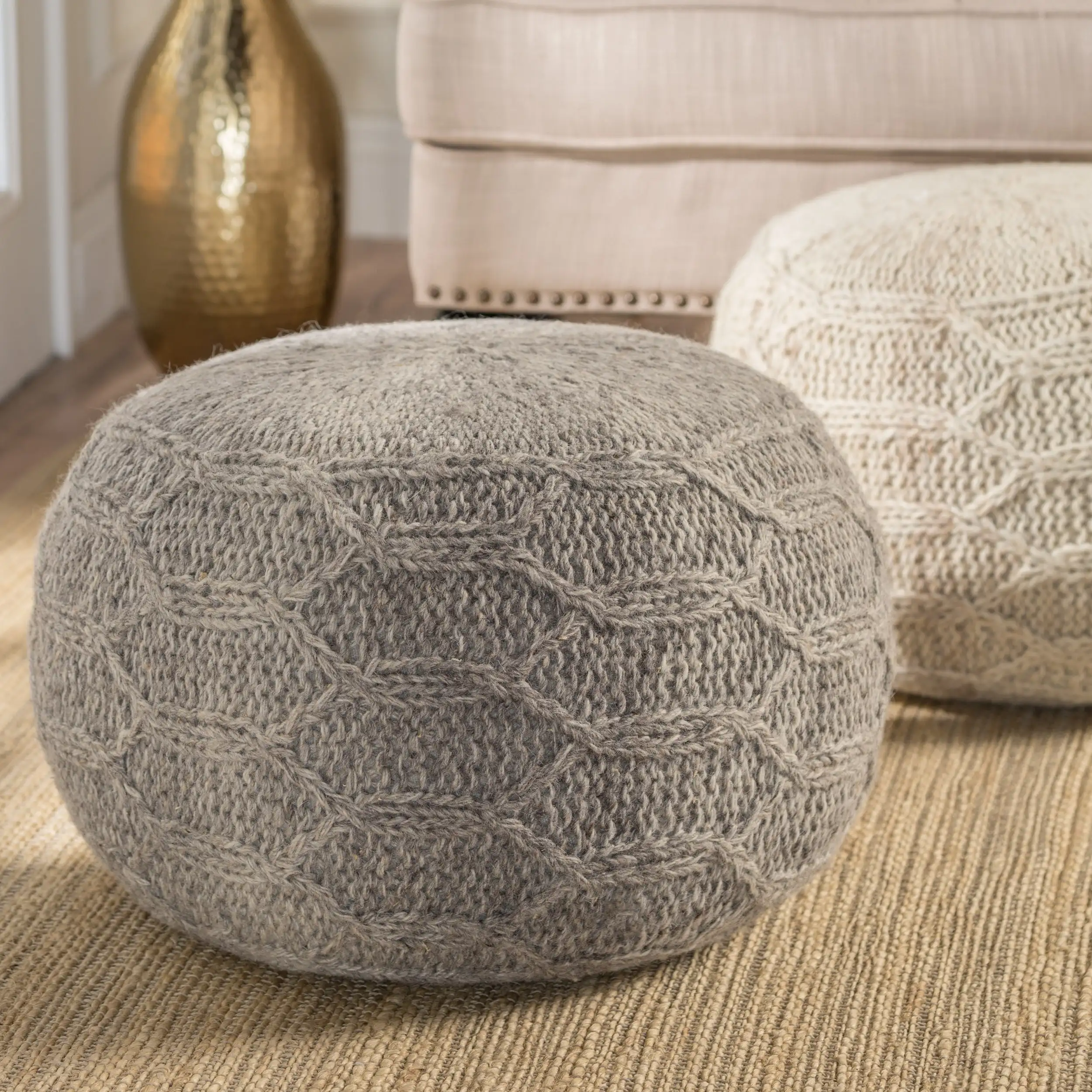 

Noble House Durable low-profil luxurious colorfast easy to clean Handcrafted Boho Fabric Pouf, Gray