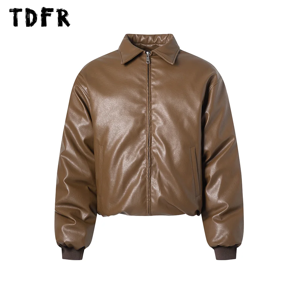 

Solid Color PU Leather Jacket Mens Autumn Winter Retro Casual Loose Lapel Long Sleeve Jacket Men