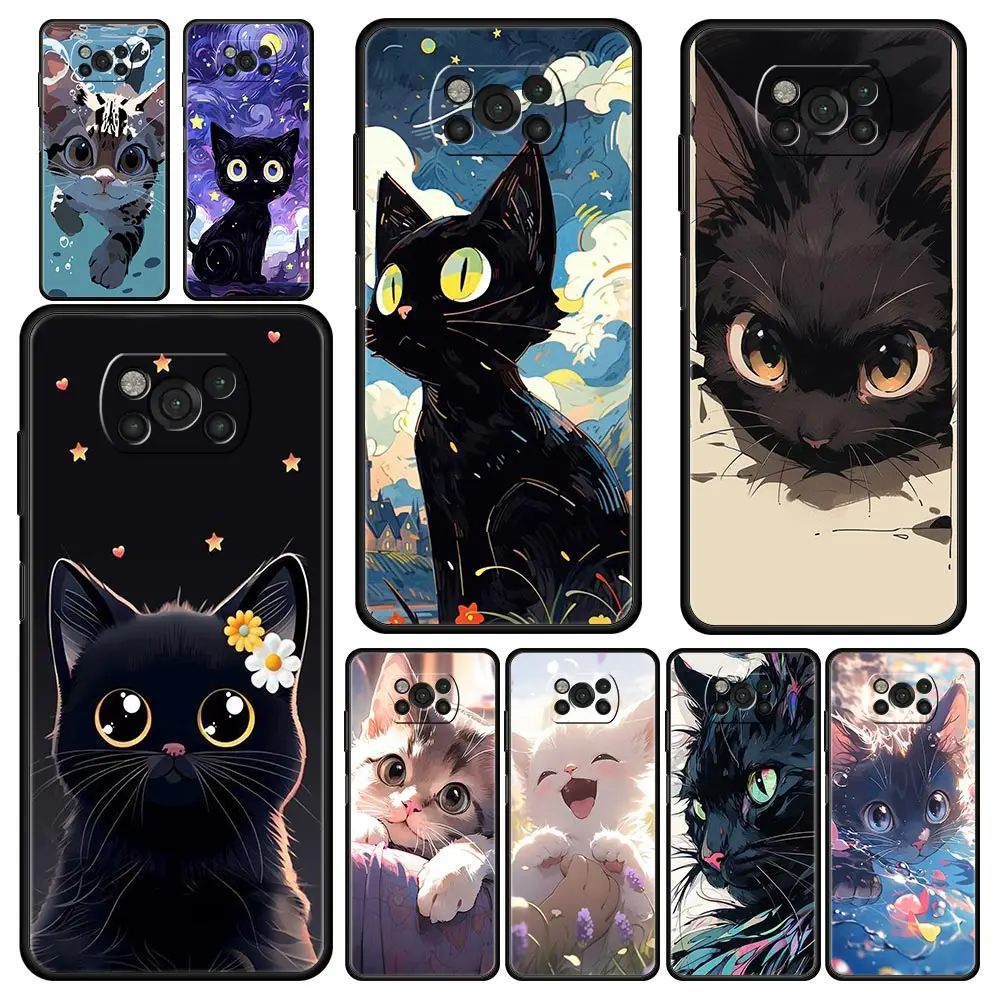 Stylish Cartoon Cat Art Phone Case - Black Cover