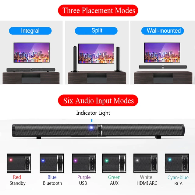 YOUXIOU 50W Home Theater Surround Sound System TV Sound Bar Detachable Bluetooth Speakers Hifi 3D Stereo Column Dual Subwoofers 5