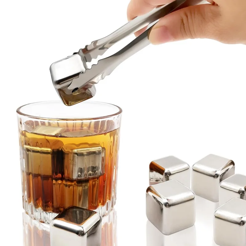 8 Pcs Stainless Steel Ice Cubes for Drinks Reusable Stainless Wine Ice Tong for Whiskey Beverage Juice Father's Gifts