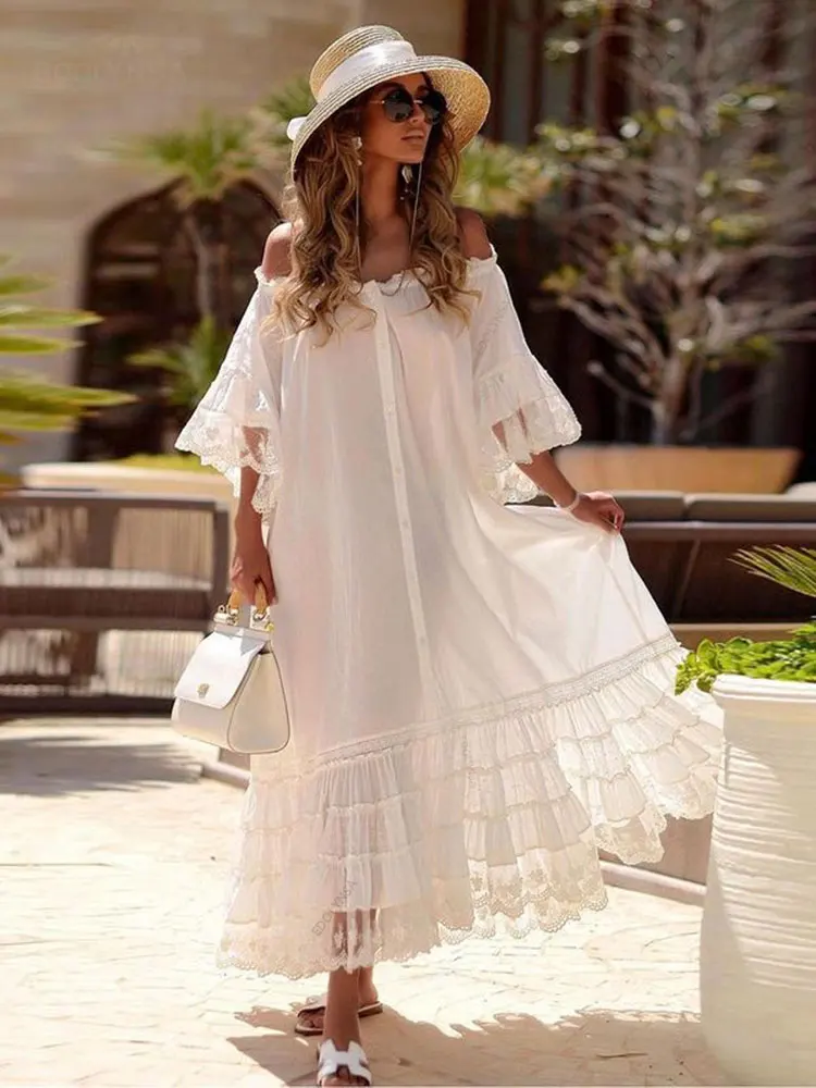 2023 Sexy White Off the Shoulder V neck Dress Women Holiday Beach