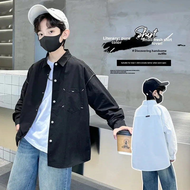 White Long Sleeve Shirt for Boys Spring Autumn Style Children's Clothing Trendy And Handsome Boy's Fall Fashion