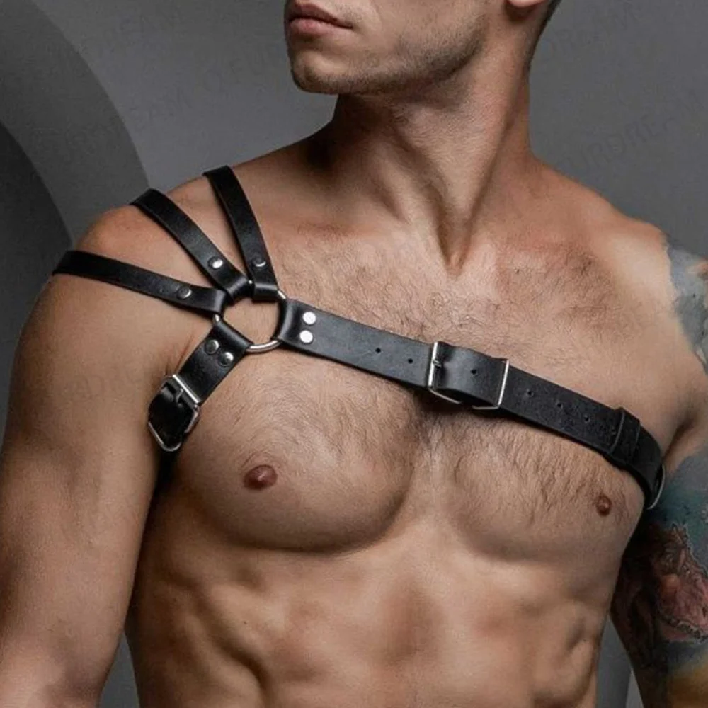 One Shoulder Leather Men's Chest Harness Gay Men Bondage Upper Sexy Erotic Fetish Lingerie Body Club Rave Straps Crop leather chest harness mens bodywear