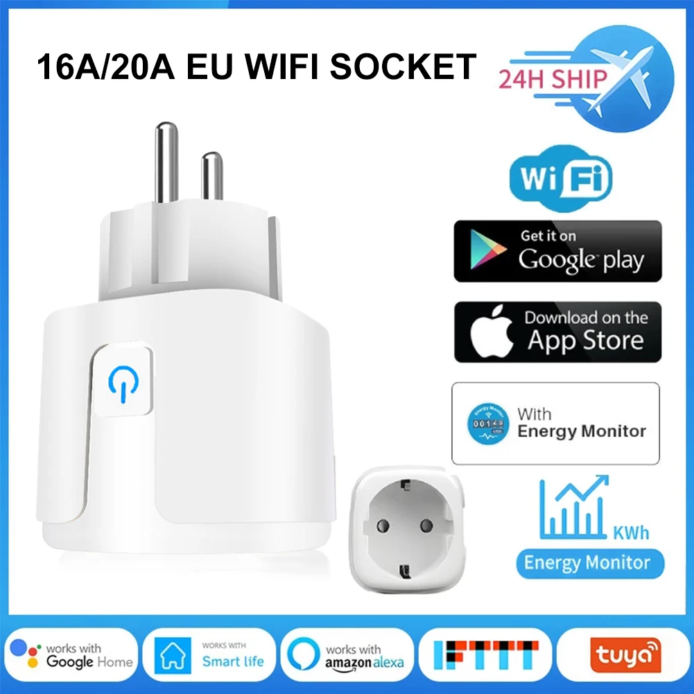 

16A/20A WiFi Wireless Remote Socket EU Plug Power Monitor Smart Timer Voice Control Household Fire-proof PC Power Socket