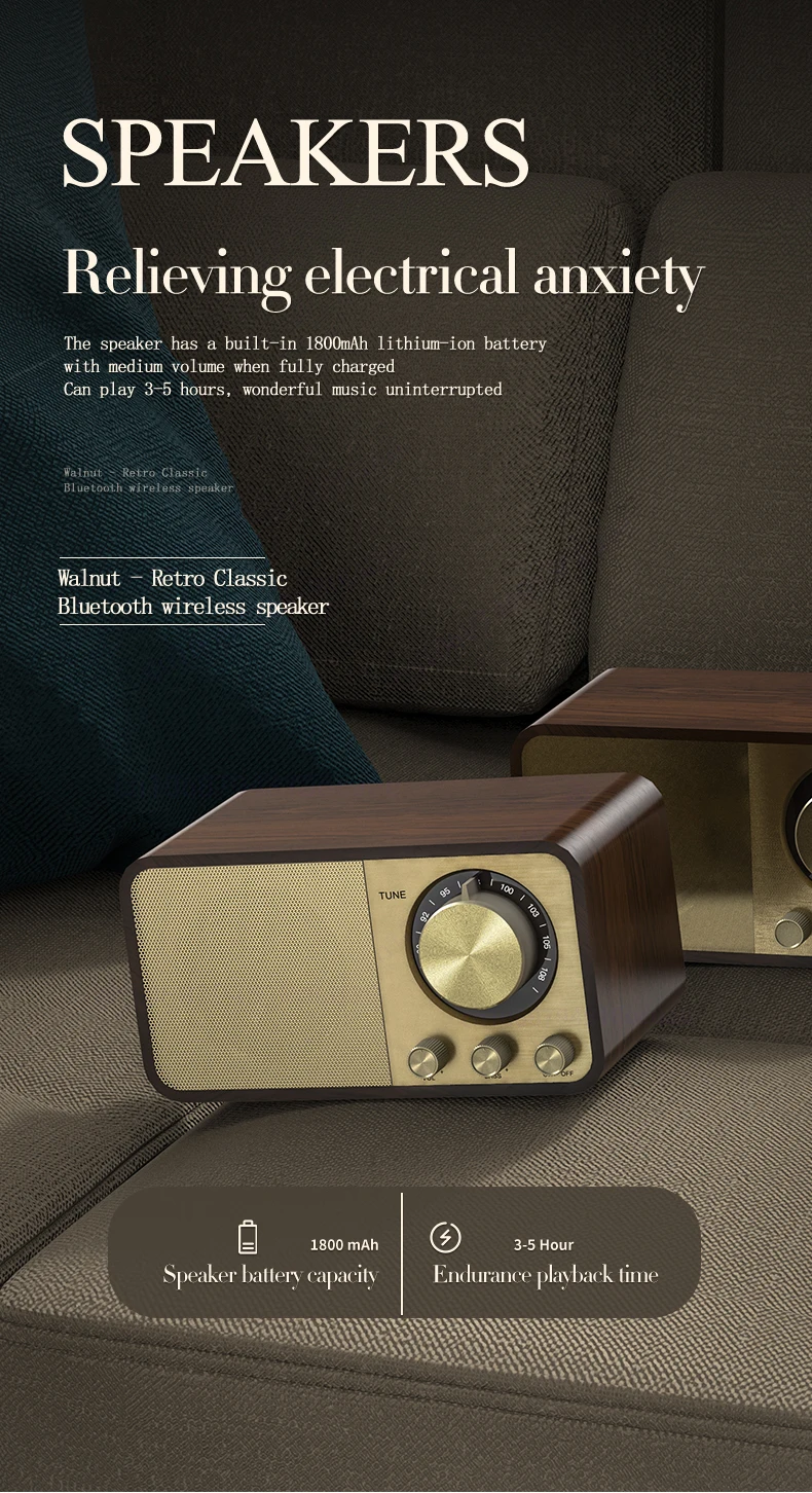 Portable BT 5.0 Super Powerful Retro Bluetooth Speaker Wooden Strong Bass with 1