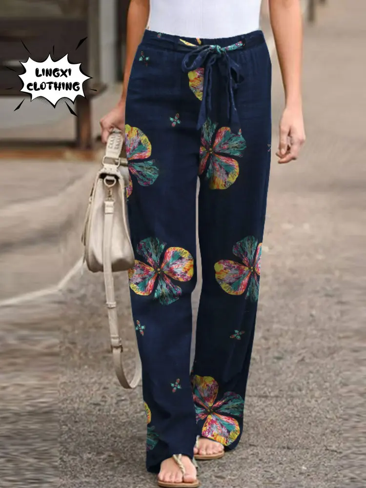 2023 New Summer Fashion Casual Simple Comfortable Elastic Waist Cotton Hemp Large Size Printed High Waist Wide Leg Pants