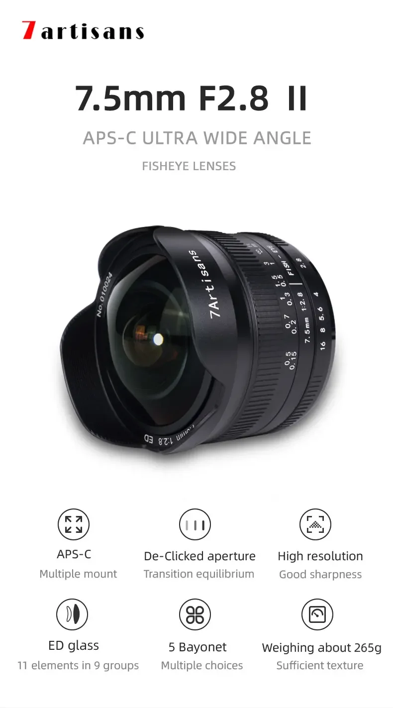 7artisans 7.5mm F2.8 II Ultra Wide-Angle Fisheye Camera Lens for Sony E Canon EO