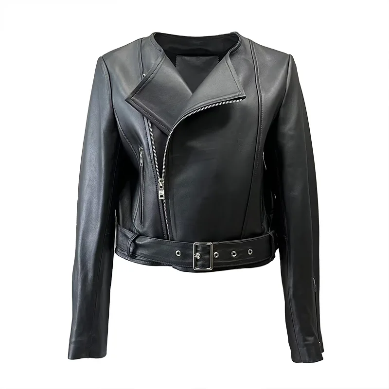 цена Real Leather Jacket Spring Autumn New Arrivals Women Sheepskin Leather Coat Belt Lady Crop Jackets FG5566