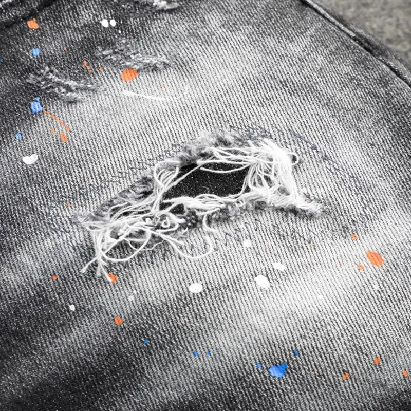 Streetwear Fashion Men Jeans High Quality Retro Black Gray Stretch Slim Fit Painted Designer Ripped Jeans Men Brand Pants Hombre