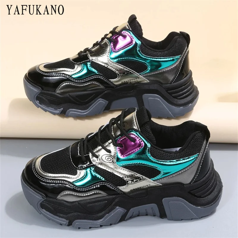 Holographic Detail Letter Patch Decor Lace up Front Chunky Sneakers Metallic Colorblock Mesh Breathable Platform Casual