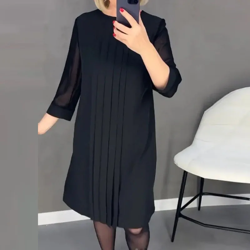 

2024 Spring Elegant Solid Chiffon Party Dress Women Sexy Draped Straight Knee Dress Autumn Patchwork Mesh Sleeve Lace Boho Dress