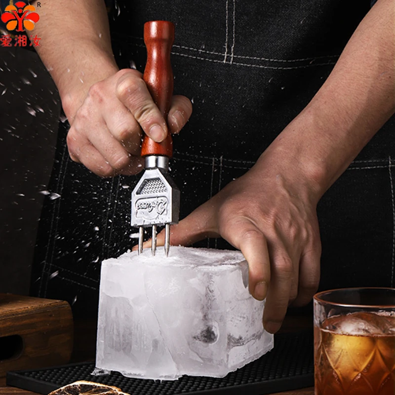 Stainless Steel Single Fork Halberd Ice Pick,Trident,Ice Cutter, Ice Shaver, Long Icicle Bar Accessories, Wood Handl Push