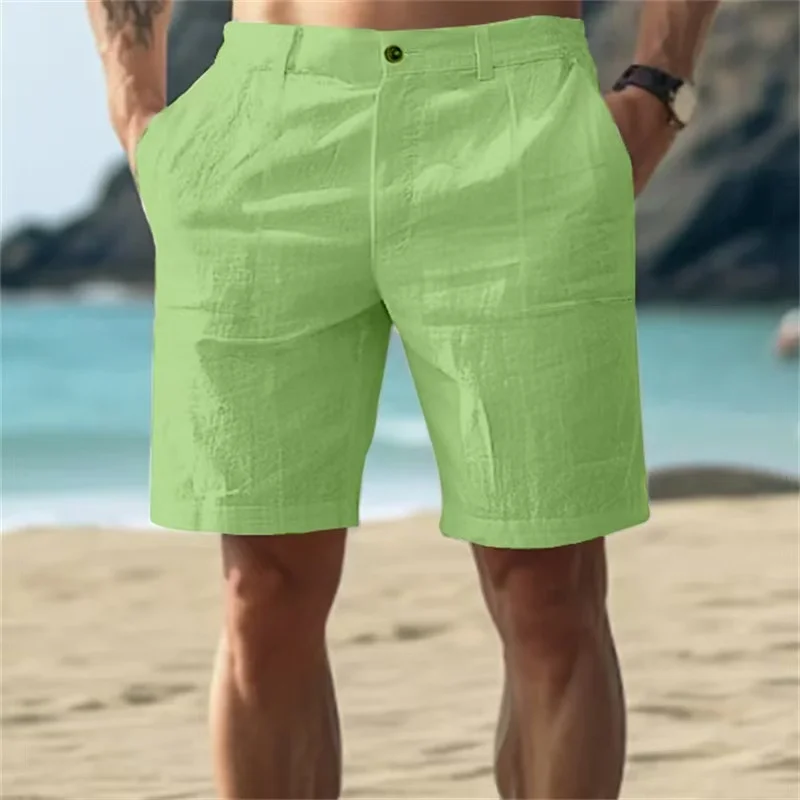 2025 Men's Solid Color Casual Short Pants Linen Beach Breathable Comfortable Straight Short Trousers Hawaiian Holiday Men'S Pant 5