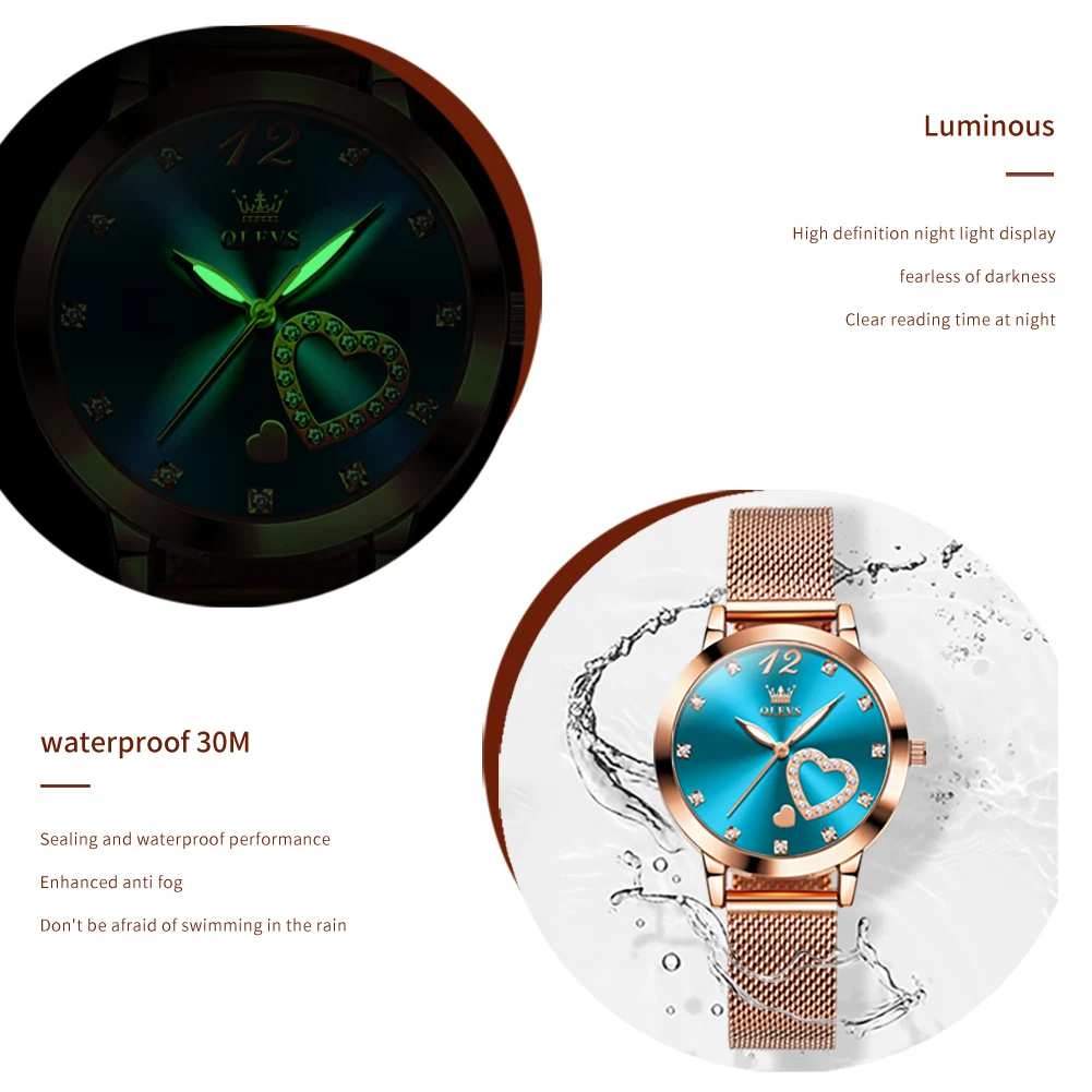 OLEVS Fashion Blue Dial Quartz Watch for Women Stainless Steel Rose Gold Mesh Strap Waterproof Womens Watches Top Brand Luxury