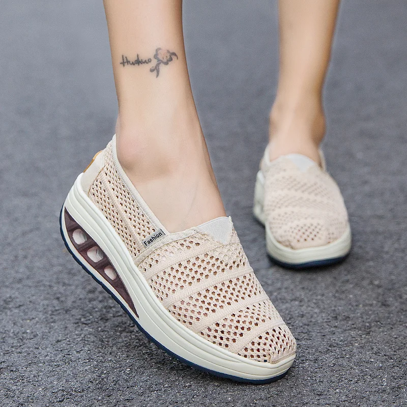 Platform Jigger Shoes Air Cushion Slip-on Breathable Casual Sports Shoes Net Face Body Shaping sports shoes kangaroo jump shoes toning shoes
