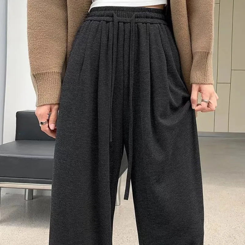 Spring and Autumn Women's Solid Color Elastic Waist Pocket Drawstring High Waist Knitted Wide Leg Sports Loose Fashion Pants