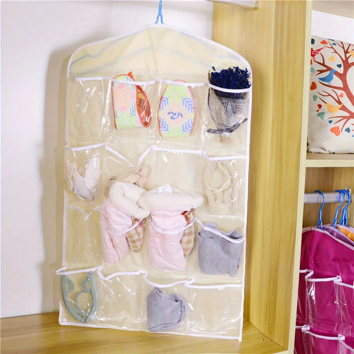 1pc-Hanging Storage Bag, Multi Grid Polyester Socks Storage Bag For Household 2
