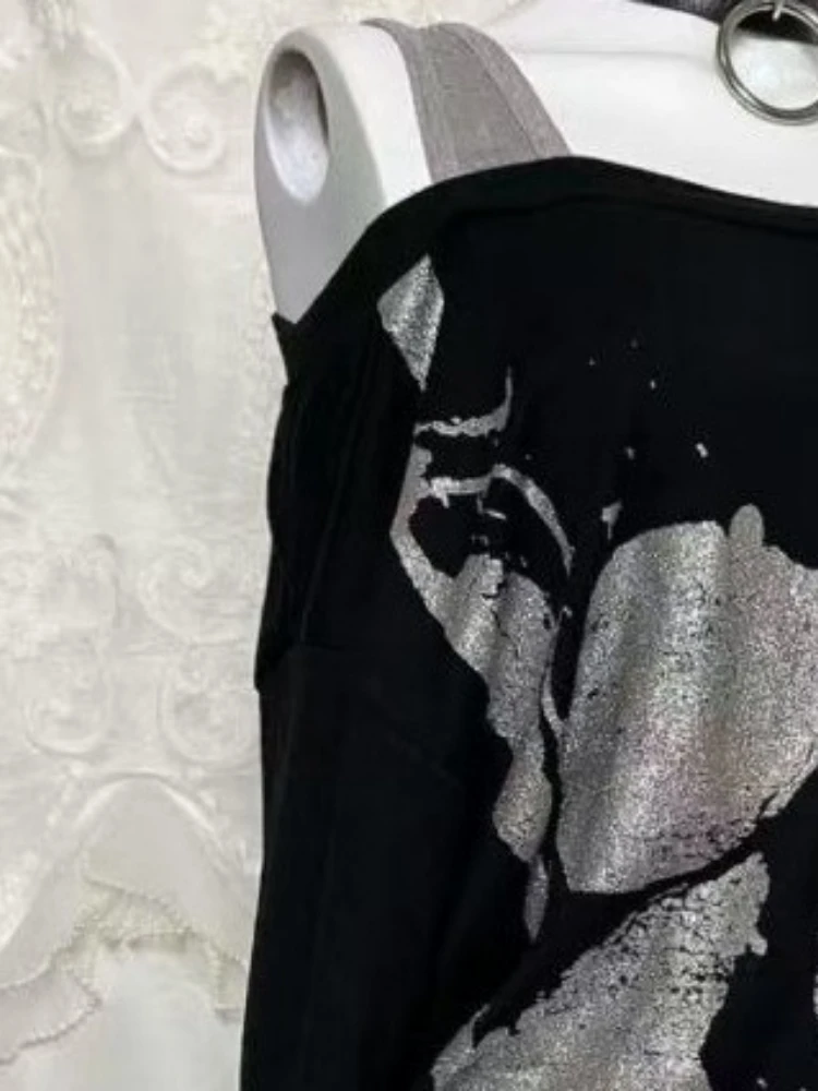 Y2k Fake Two Pieces Vintage Tops Streetwear Slash Neck Skull Print Off Shoulder Gothic Punk Tshirts Women Grunge Harajuku Tees 4