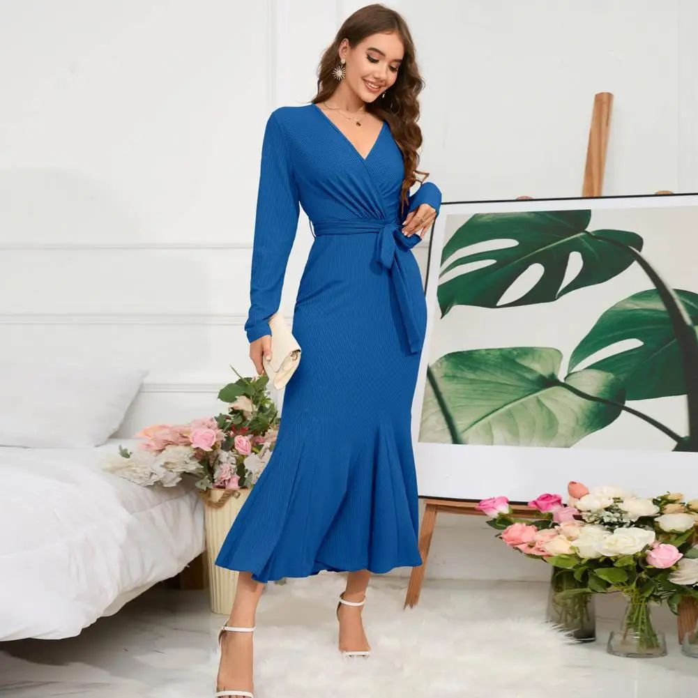 

Elegant V-neck Dress Solid Color Women Dress Elegant V-neck Fishtail Midi Dress with Belted High Waist Long Sleeves for Women's