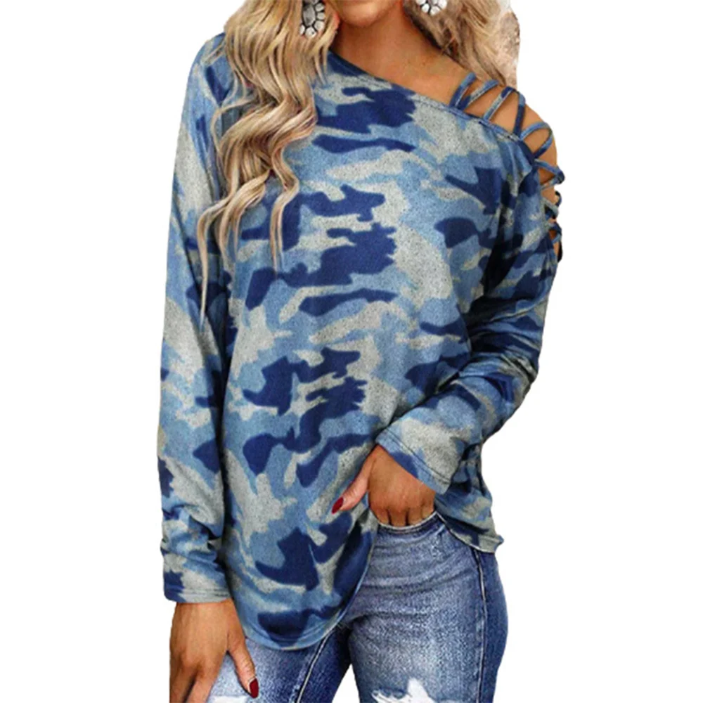 

Women's Fashion Hollow Out Long Sleeve T-Shirt Tops Ladies Casual Camouflage Loose Blouse Tee High Quality Clothing Clothes