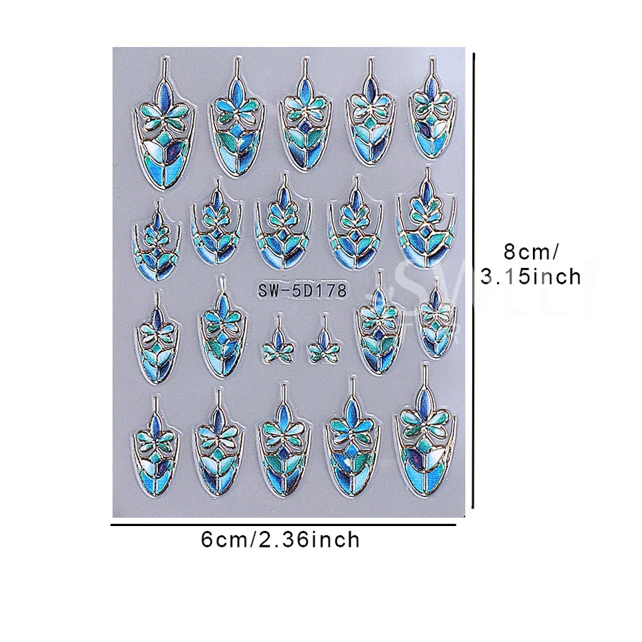 5D Embossed Green Geometry Lealves Nail Stickers French Gold Line  Self-adhesive Nail Art Supplies Decals Manicure Decoration