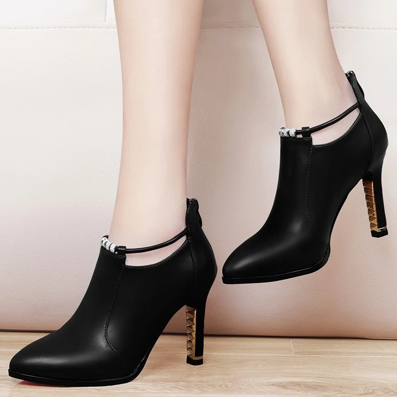 Winter Boots Botas Mujernew Winter Boots Women Shallow Round Toe Red Women's Boots Thin Heels Zip Ankle Pu Leather Zapatos De Mujer