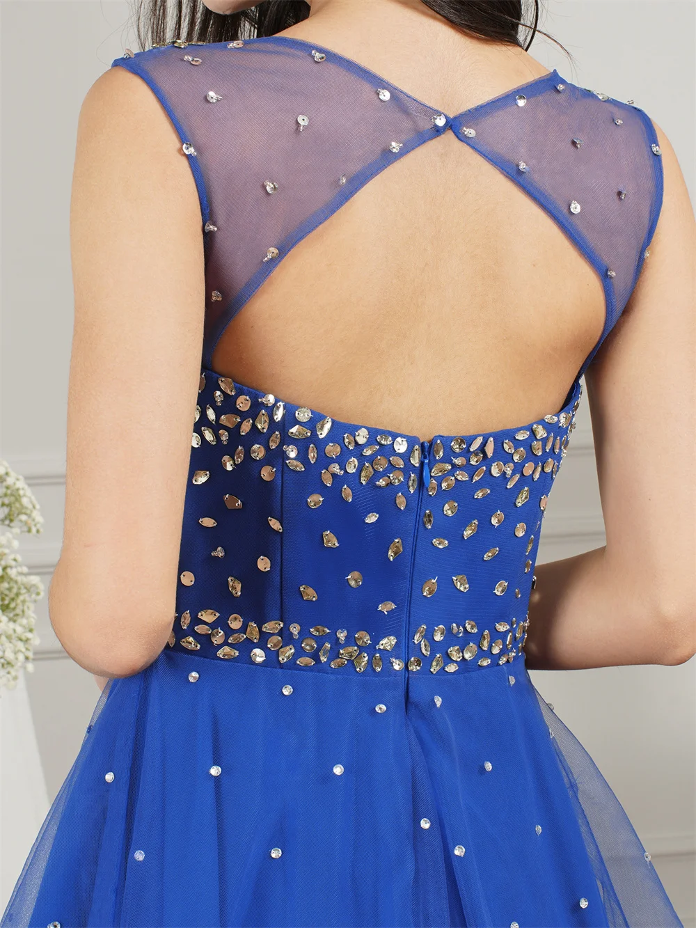 MisShow Soft Tulle Royal Blue Short Women Dresses Luxury Crystals Stones Puffy Mini Dress for Evening Prom Party Vestido Corto